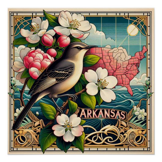 Arkansas State Flower en Bird Design Blauw Rood Perfect Poster (Voorkant)