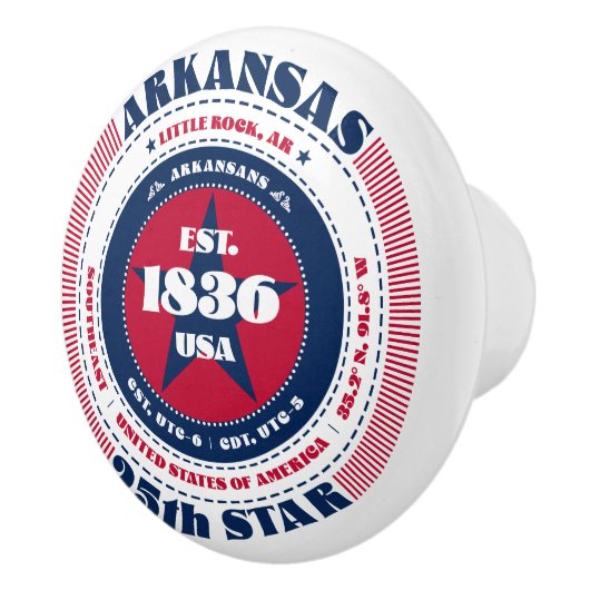 Arkansas US State Rood Wit Blauw Typografie Keramische Knop (Rechts)