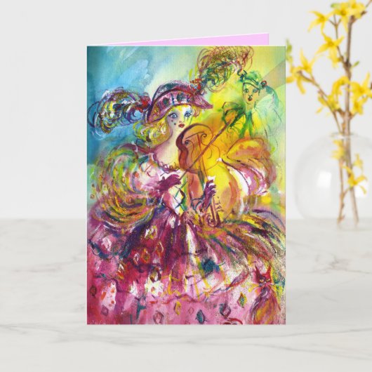 ARLECCHINA VIOLINIST/Venetian Happy Birthday Kaart (Gele Bloem)