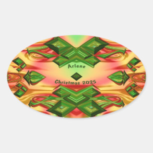 ARLENE ~ KERST 2025 Groen Rood Geel Fractal ~ Ovale Sticker