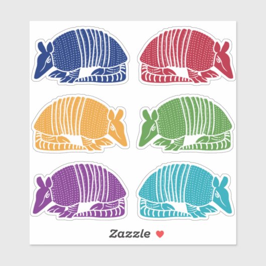 Armadillo Sticker Blad 6 Kleurrijke Armadillos (Vel)