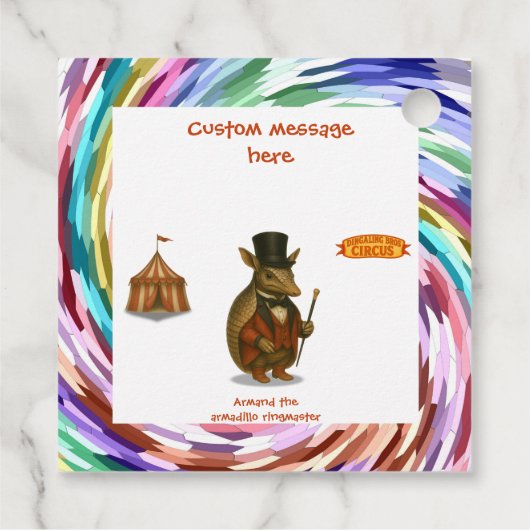 Armand, armadillo-circusdirecteur bedankjes labels (Achterkant)