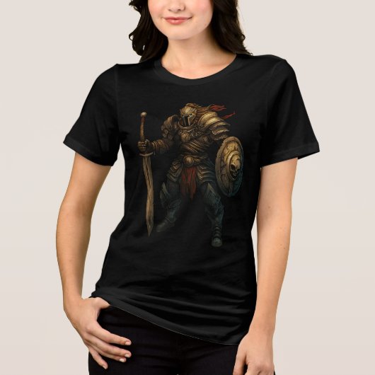 Armored Knight with Sword and Skull Shield Tri-Blend Shirt (Voorkant)