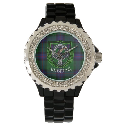 Armstrong Schotse Clan Tartan & Wapenembleem Horloge (Voorkant)