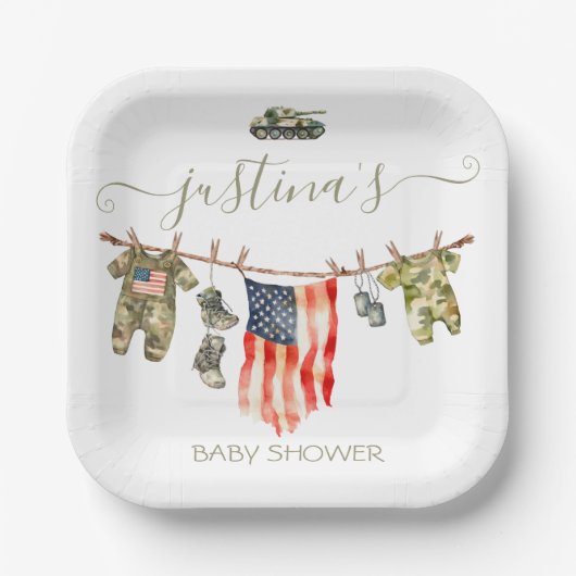 Army American Flag Baby shower waslijn Papieren Bordje (Voorkant)