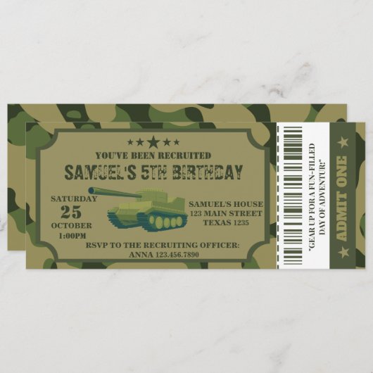 Army Birthday Party uitnodiging ticket (Voorkant / Achterkant)