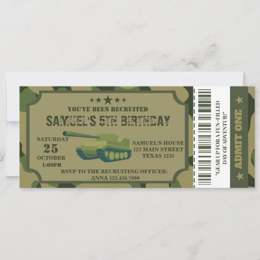 Army Birthday Party uitnodiging ticket (Voorkant)