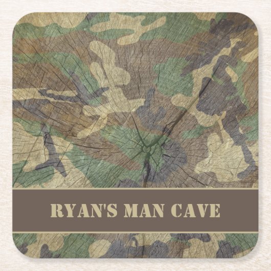 Army Camo Wood Texture Camouflage Groen Man Grot Kartonnen Onderzetters (Voorkant)