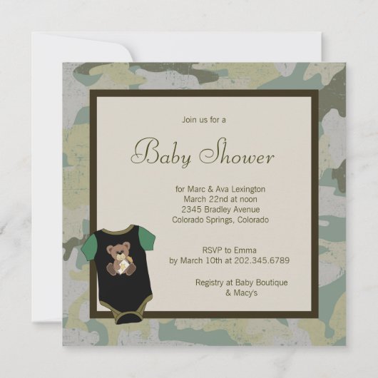 Army Green Camouflage Baby Boy Douche Uitnodiginge Kaart (Achterkant)