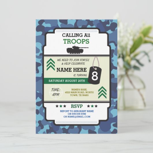 ARMY SOLDIER TROOPS TANK PISTOOL INVITE BIRTHDAPPA KAART (Staand voorkant)
