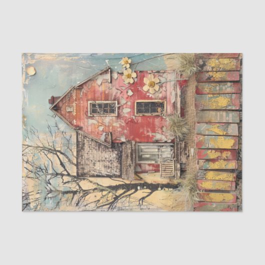 ARMZALIGE RODE BOERDERIJ GEMENGDE MEDIA DECOUPAGE TISSUEPAPIER (Voorkant)