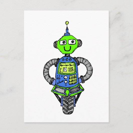 Arnie robot, blauw en groen briefkaart (Voorkant)
