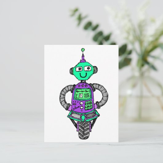 Arnie robot, paars en groen briefkaart (Staand voorkant)