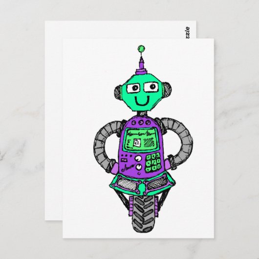Arnie robot, paars en groen briefkaart (Voorkant / Achterkant)