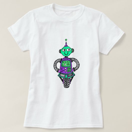 Arnie robot, paars en groen t-shirt (Design voorkant)