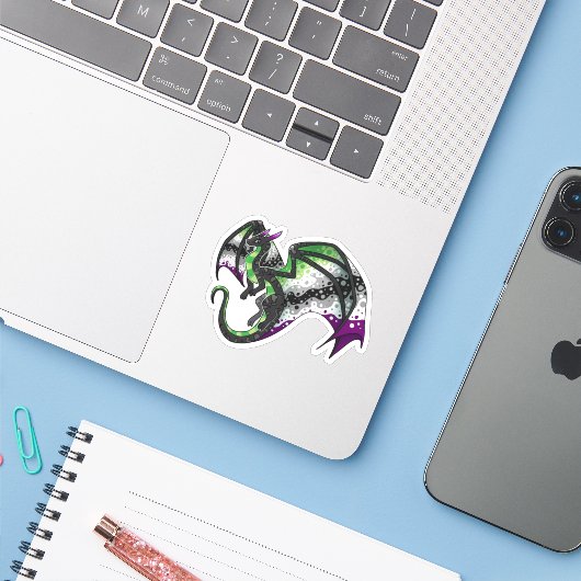 AroAce Pride Dragon Sticker (Laptop met iPhone)