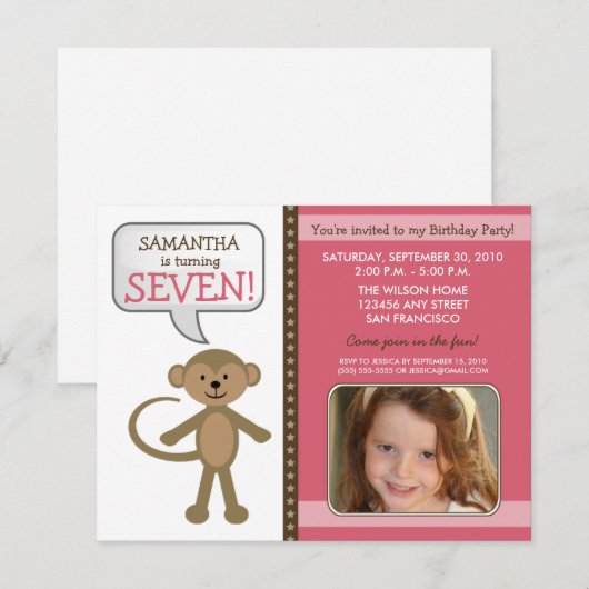 Around Birthday Party - Monkey-ing Invite (roze) Kaart (Voorkant / Achterkant)