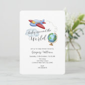 Around The World Map Airplane Baby Shower Kaart (Staand voorkant)