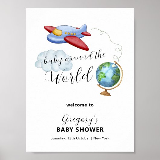 Around The World Map Airplane Baby Shower Welcome Poster (Voorkant)