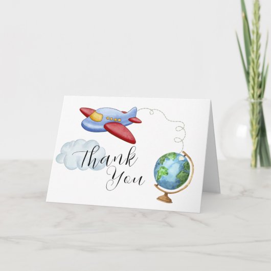 Around The World Map Airplane Boy Baby Shower Bedankkaart (Voorkant)