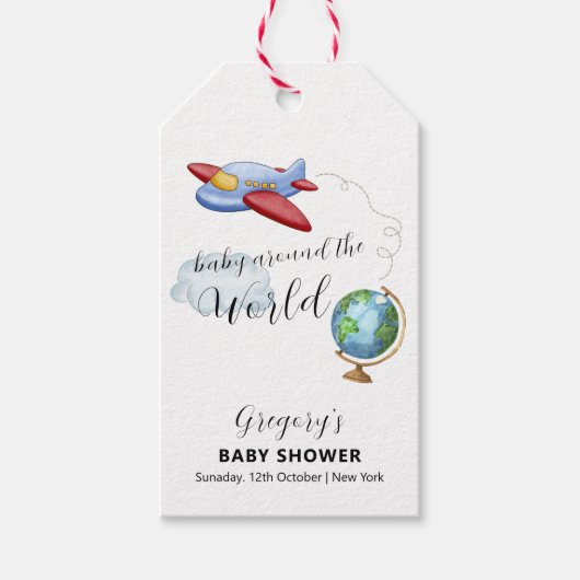 Around The World Map Airplane Boy Baby Shower Cadeaulabel (Voorkant)