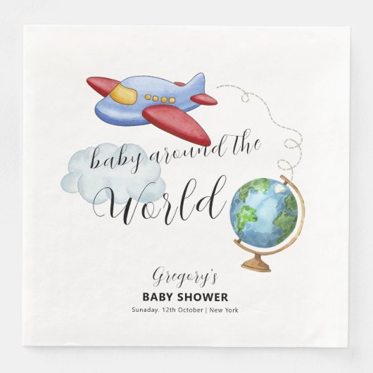 Around The World Map Airplane Boy Baby Shower Servet (Voorkant)
