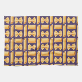 Array of various pasta shapes on a purple theedoek