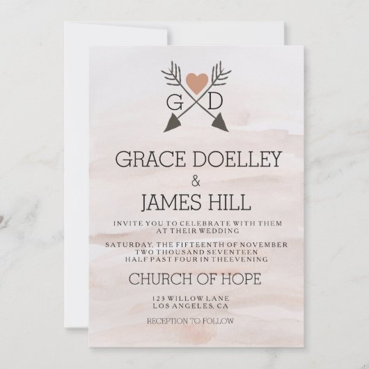 Arrows en Heart Rustic Waterverf Wedding Invite Kaart (Voorkant)
