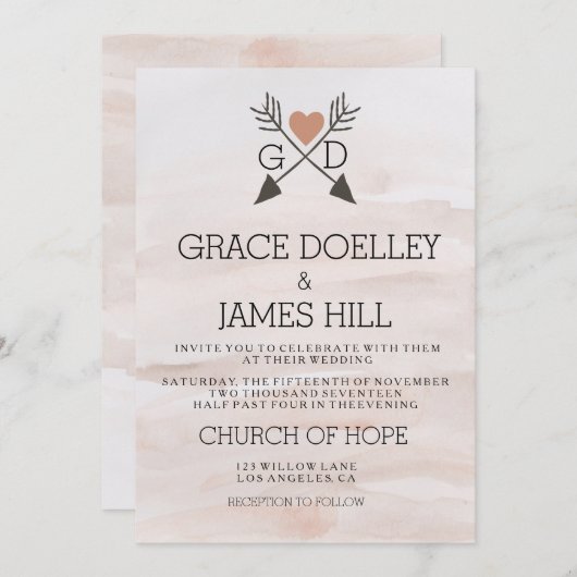Arrows en Heart Rustic Waterverf Wedding Invite Kaart (Voorkant / Achterkant)