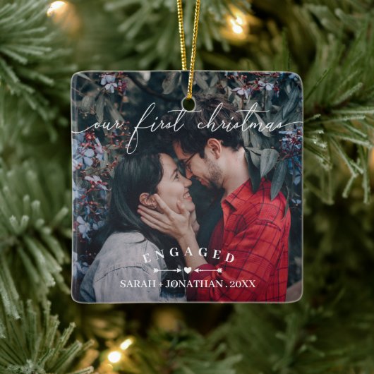 Arrows & Heart First Kerstmis Engaged Foto Keramisch Ornament (Boom)