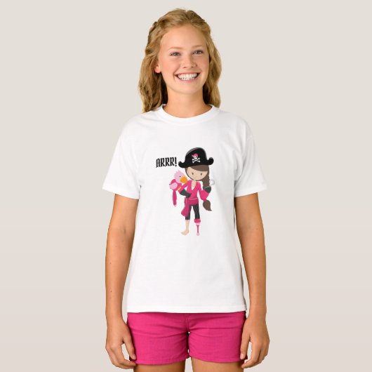 ARRR! Cute Fun Pirate Girl Pink Parrot T-shirt (Voorkant volledig)