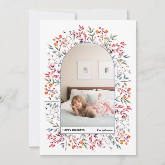 Arsenbladeren en bessen met stoffige blauwe kerstf feestdagenkaart (Voorkant)