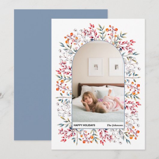 Arsenbladeren en bessen met stoffige blauwe kerstf feestdagenkaart (Voorkant / Achterkant)