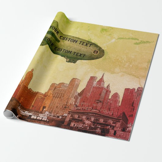 ART 1930'S BLIMP NEW YORK CITY SKYLINE JOUW TEKST CADEAUPAPIER (Uitgerold)