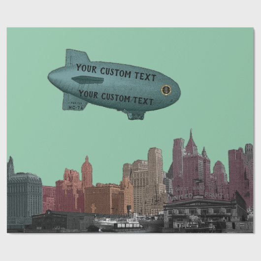 ART 1930'S BLIMP NEW YORK CITY SKYLINE JOUW TEKST CADEAUPAPIER (Vlak)