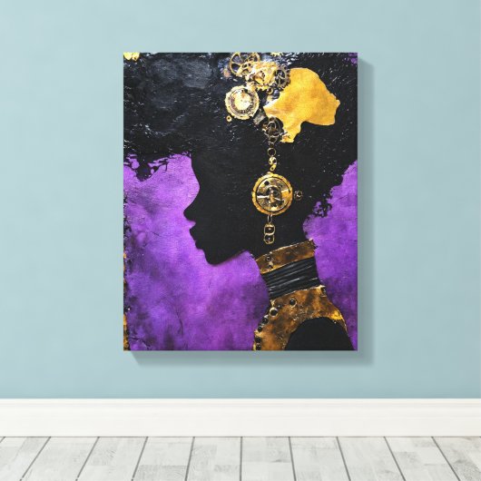 Art_Afrofuturistische Steampunk Vrouw in het Paars Canvas Afdruk (Insitu (Houten vloer))