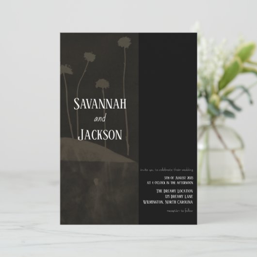 Art Black Flower Unieke huwelijksuitnodiging Kaart (Staand voorkant)