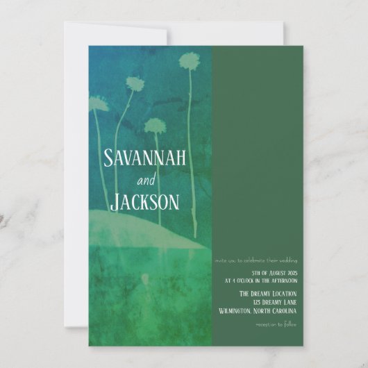 Art Blauw Groene Bloem Unieke Huwelijksuitnodiging Kaart (Voorkant)