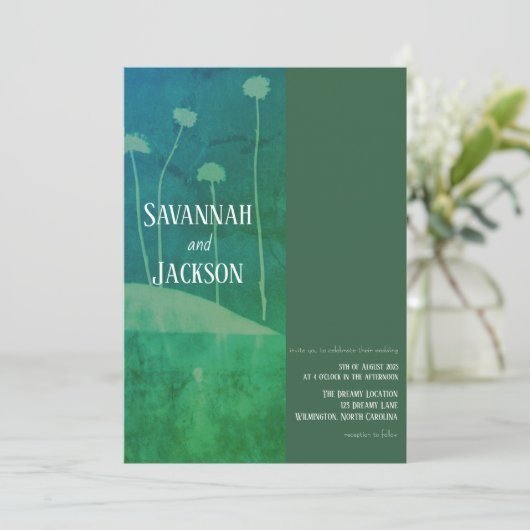 Art Blauw Groene Bloem Unieke Huwelijksuitnodiging Kaart (Staand voorkant)