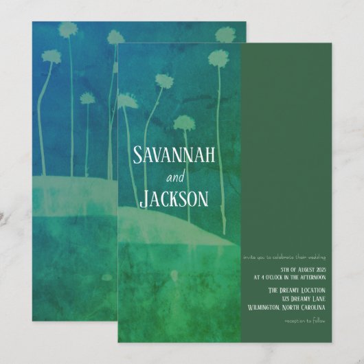 Art Blauw Groene Bloem Unieke Huwelijksuitnodiging Kaart (Voorkant / Achterkant)