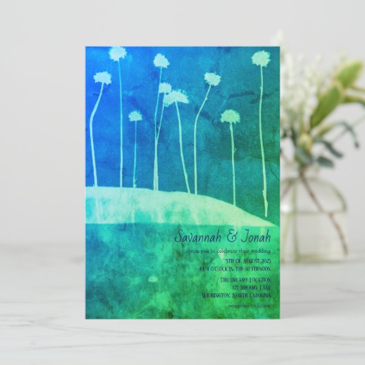 Art Blauw Groene Bloem Vetgedrukte Huwelijksuitnod Kaart (Staand voorkant)