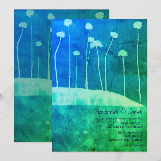 Art Blauw Groene Bloem Vetgedrukte Huwelijksuitnod Kaart (Voorkant / Achterkant)