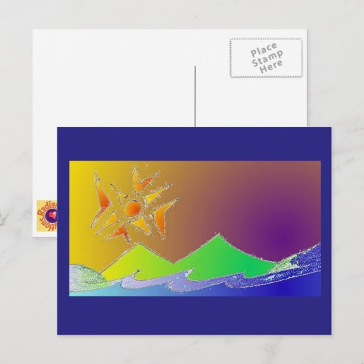 Art Briefkaart 5 - Island Zee Sun Sketch Art (Voorkant / Achterkant)