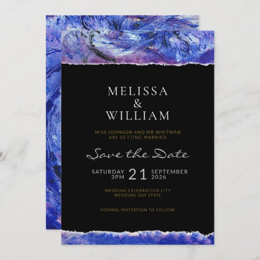 Art Bruiloft Zwart Blauw Save The Date (Voorkant / Achterkant)