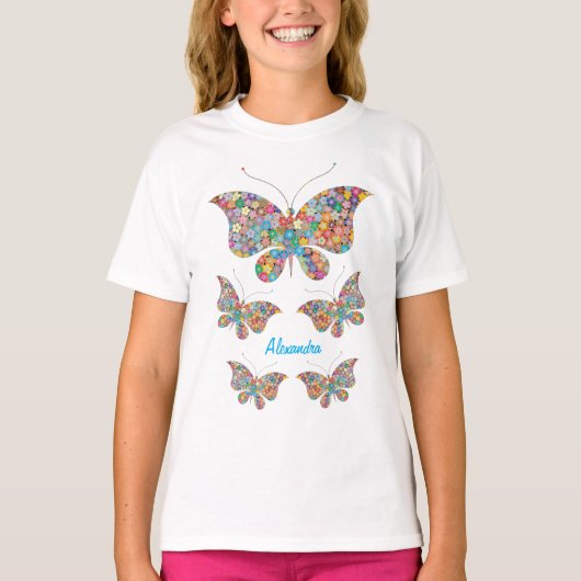 Art Butterflies Flowers personaliseren naam T-shirt (Voorkant)