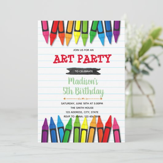 Art crayon verjaardagsfeest uitnodiging (Staand voorkant)
