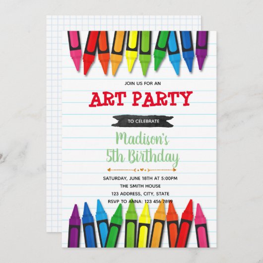 Art crayon verjaardagsfeest uitnodiging (Voorkant / Achterkant)