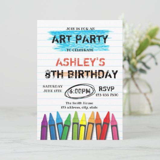 Art Crayon verjaardagsfeestje uitnodiging (Staand voorkant)