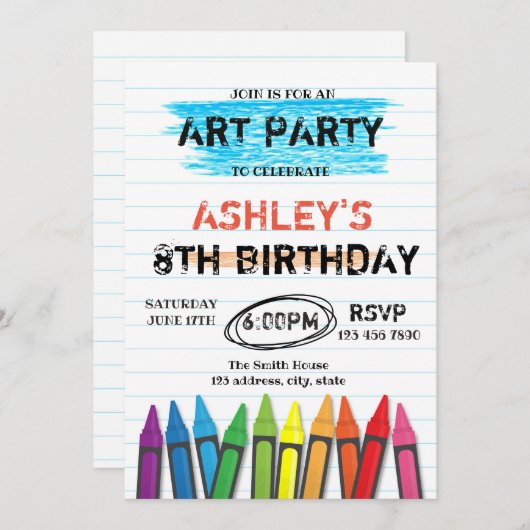 Art Crayon verjaardagsfeestje uitnodiging (Voorkant / Achterkant)