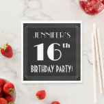 Art Deco 16th Birthday Party met aangepaste naam Servet<br><div class="desc">Deze stijl van de jaren 20 tot en met 1930 inspireerde het zestiende verjaardagsfeestje napkin-design met een aanpasbare naam, een ingewikkelde kunstdecostijl geïnspireerd op nummer "16th", het bericht "BIRTHDAY PARTY!" en een multi-line grens. Het kenmerkt een zwart-gekleurde achtergrond door gebrek, maar het kan aan een verschillende kleur worden aangepast, indien...</div>